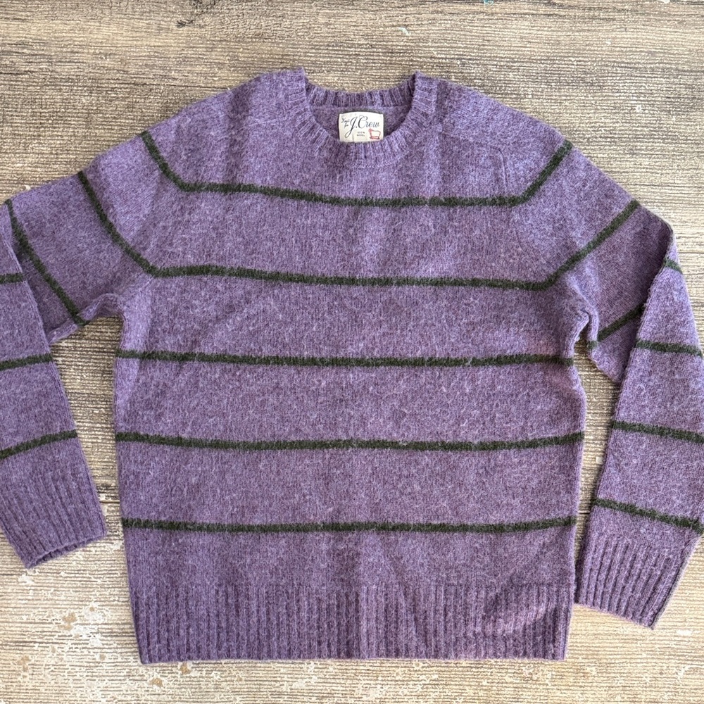 J. Crew 100% wool men’s heathered purple and green striped crewneck sweater